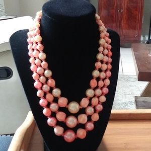 Vintage 3 Strand Peach Retro Necklace 17 Inches